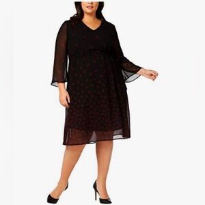 NWT Anne Klein Sheer Overlay Long Sleeve Cinch Drawstring Blk Red Midi Dress 18